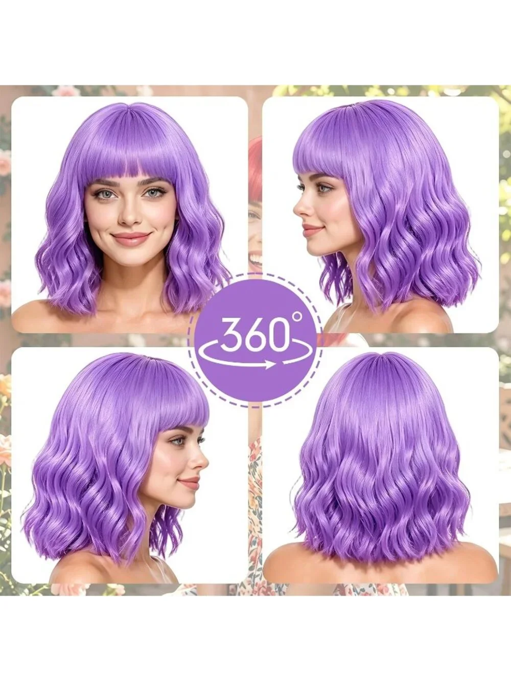 Women's Light Purple Curly Bob Synthetic Wigs Bangs With Neon Heart Sunglasses